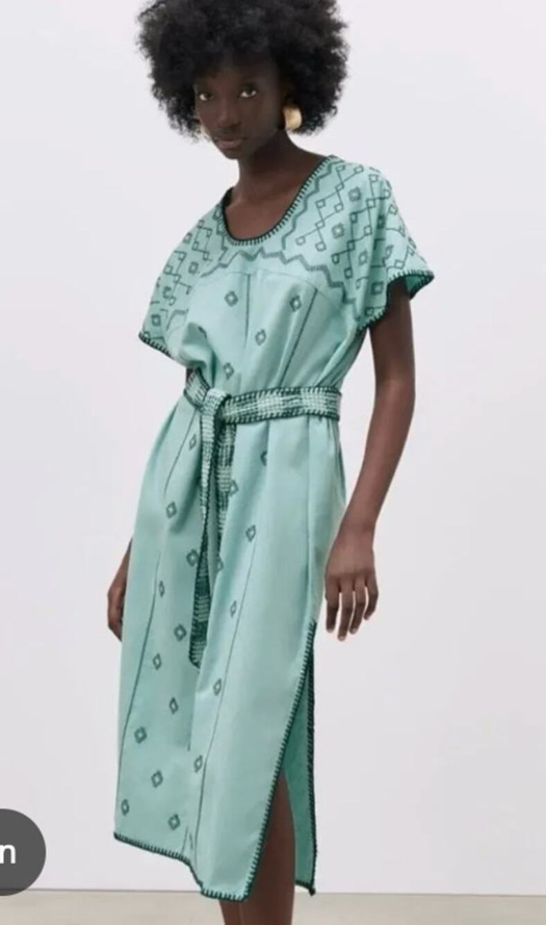 NEW Zara Mint Green BOHO Embroidered Belted Midi Kaftan Tunic Dress Sz L